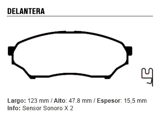 PASTILLAS DE FRENOS LIVIANOS MITSUBISHI MONTERO 1.6-1.8 99/03 DELANTERA 123.00X47.80X15.50 MM CON SENSOR SONORO_