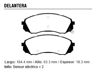 PASTILLAS DE FRENOS LIVIANOS HYUNDAI H1 12 PASAJ 2.5 08/.. / KIA CARNIVAL 2.9 07/.. DELANTERA 164.6X63.5X17.5MM C/SENSOR SONORO_