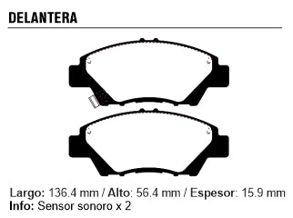 PASTILLAS DE FRENOS LIVIANOS HONDA CITY/FIT 14/../WRV 17/.. 1.5 16V L15A DELANTERA 136.40X56.40X15.90 MM_