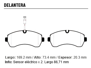 PASTILLAS DE FRENOS LIVIANOS MERCEDES BENZ SPRINTER 415-515 12/.. DELANTERA 169.20X73.40X20.30 MM CON SENSOR_