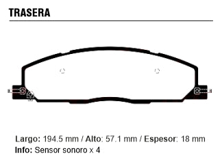 PASTILLAS DE FRENOS LIVIANOS DODGE RAM 2500 09/.. DELANTERA 194.50X57.00X19.00 MM_