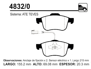 PASTILLAS DE FRENOS LIVIANOS FIAT DOBLO 10/.. / ALFA ROMEO 159/BRERA/SPIDER DELANTERA CON SENSOR_