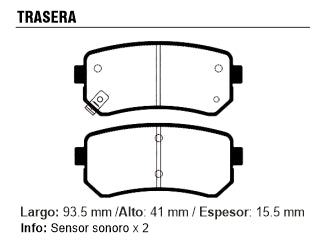 PASTILLAS DE FRENOS LIVIANOS KIA SPORTAGE 10-../PICANTO 04-.. 2.0 16V / HYUNDAI I10/ELANTRA/ATOS TRASERA 93X41X15.5MM CON SENSOR_