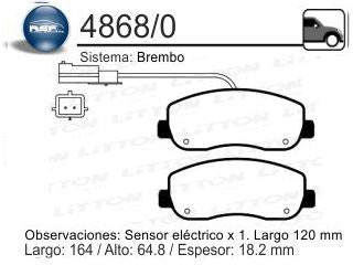 PASTILLAS DE FRENOS LIVIANOS RENAULT MASTER 2.3 DCI 10/.. DELANTERA 163.50X64.80X18.20 MM CON SENSOR ELECTRICO BIPOLAR_