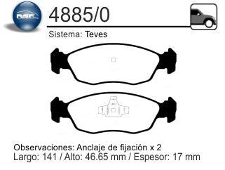 PASTILLAS DE FRENOS LIVIANOS CHEVROLET CLASSIC/CELTA 10/.. DELANTERA SISTEMA TEVES 141.12X46.50X17.00 MM_