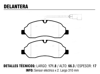 PASTILLAS DE FRENOS LIVIANOS FORD TRANSIT 14/.. DELANTERA CON SENSOR_