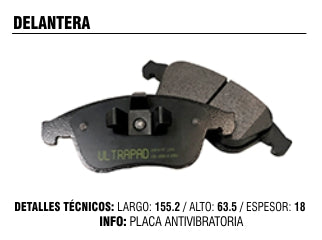 PASTILLAS DE FRENOS LIVIANOS RENAULT FLUENCE GT 2.0 16V/MEGANE III 2.0/CLIO RS 2.0 DELANTERA 155.20X63.50X18.00 MM_