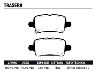 PASTILLAS DE FRENOS LIVIANOS CHEVROLET CRUZE 1.4 T 16/.. TRASERA_