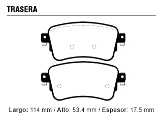 PASTILLAS DE FRENOS LIVIANOS PEUGEOT EXPERT III 1.5-1.6-2.0 / CITROEN JUMPY/C4 SPACETOURER 1.6 HDI-2.0 HDI TRASERA 114X53.4X17.5_