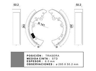 ZAPATAS DE FRENOS AUTOS TOYOTA HILUX/HILUX SW4 05/.. TRASERA 275X50X6.5 MM - 1RA SUPERMEDIDA_