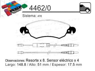 PASTILLAS DE FRENOS LIVIANOS CITROEN C5 1.8 16V-2.0 16V-2.0 HDI 02/11 DELANTERA 148.80X51.00X17.50 MM CON SENSOR ELECTRICO_