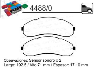 PASTILLAS DE FRENOS LIVIANOS KIA FRONTIER/COLECTIVOS 00-02 DELANTERA 192.5X71X17.1MM CON SENSOR SONORO_