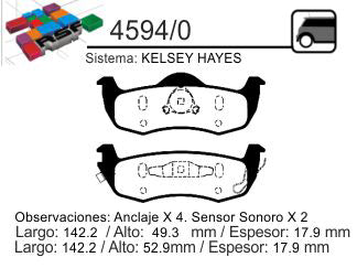PASTILLAS DE FRENOS LIVIANOS JEEP GRAND CHEROKEE III-IV 05/11 TRASERA 142.20X49.30X17.90 MM CON SENSOR SONORO_