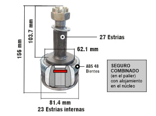 JUNTAS HOMOCINETICA LADO RUEDA HYUNDAI TUCSON 2.0 16V 05/.. ESTRIAS 27/23 - COPA 81.40 MM - ABS 48 DIENTES - SEGURO COMBINADO_