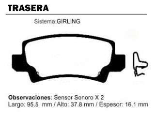 PASTILLAS DE FRENOS LIVIANOS TOYOTA COROLLA 02/08/COROLLA FIELDER 02/.. TRASERA 95.50X37.80X16.10 MM CON SENSOR SONORO_