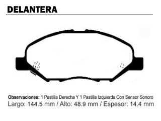 PASTILLAS DE FRENOS LIVIANOS NISSAN TIIDA 08/.. DELANTERA 144.50X48.90X14.40 MM_